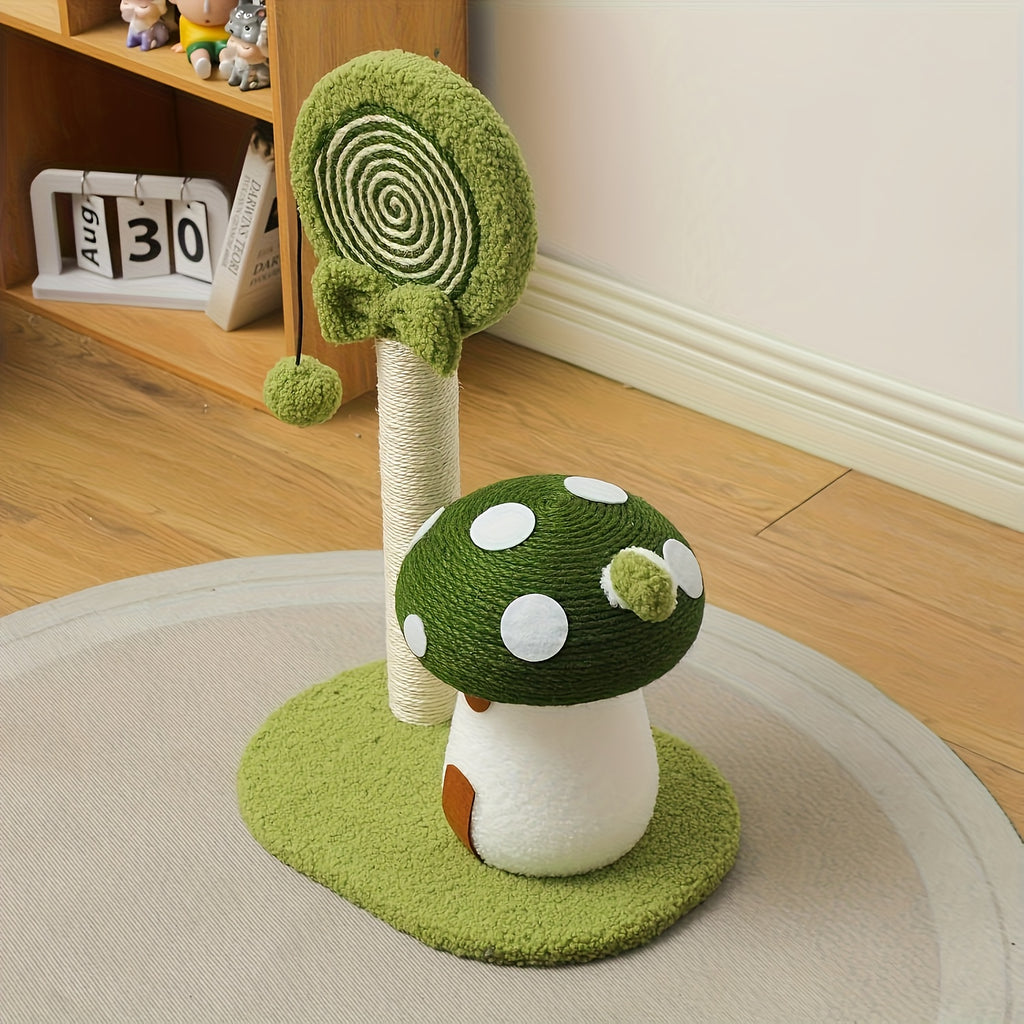 Green mushroom-shaped cat toy with a scratching post on a wooden floor.