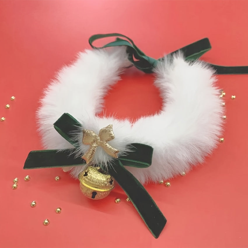 White furry wreath with a gold bell and green ribbon on a red background