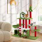 Cat tree with multiple levels and cats on a wooden floor in a room.