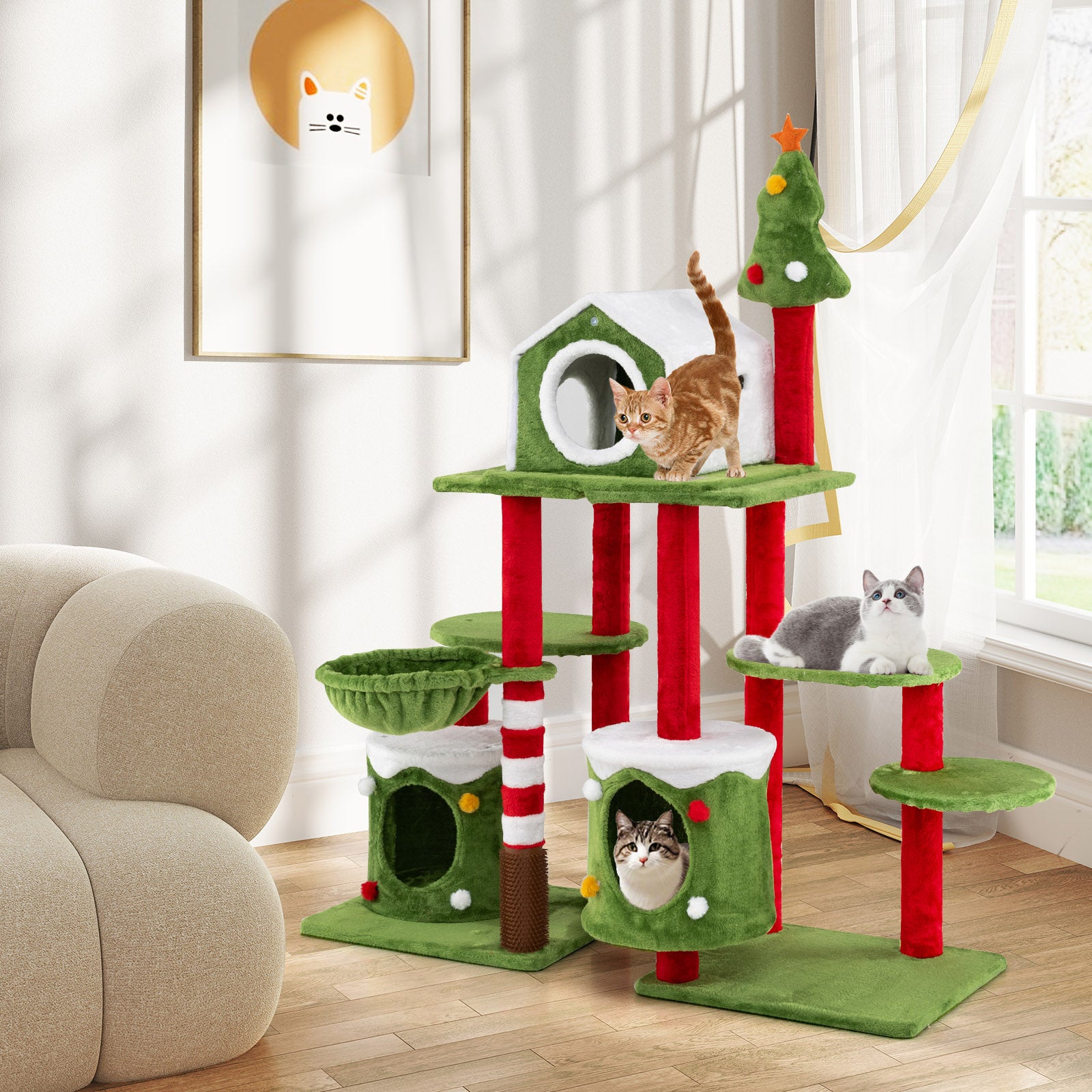 Cat tree with multiple levels and cats on a wooden floor in a room.