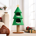 Green cat tree shaped like a Christmas tree with a star on top, placed in a room with a couch and gift boxes.