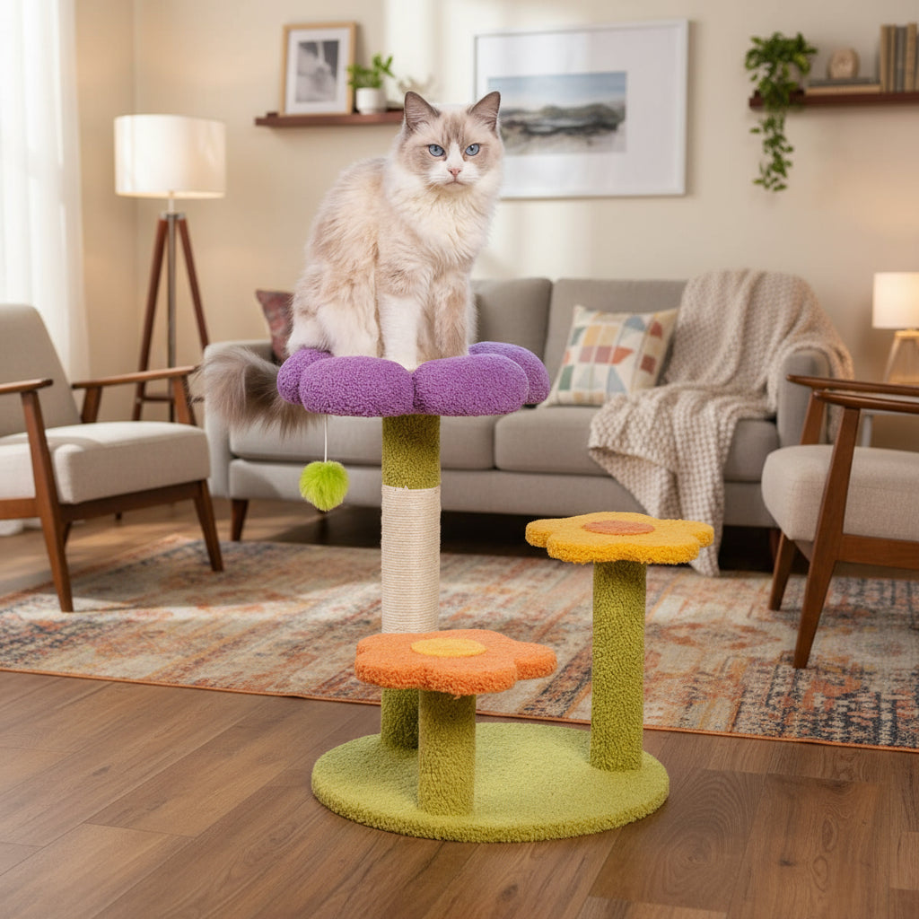 Cat sitting on a colorful cat tree with a living room background.