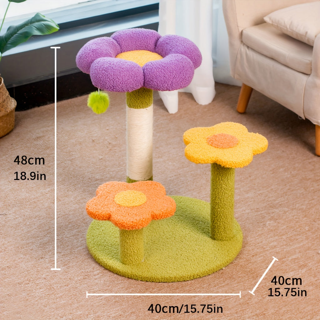 Colorful cat tree with flower design on a carpeted floor.