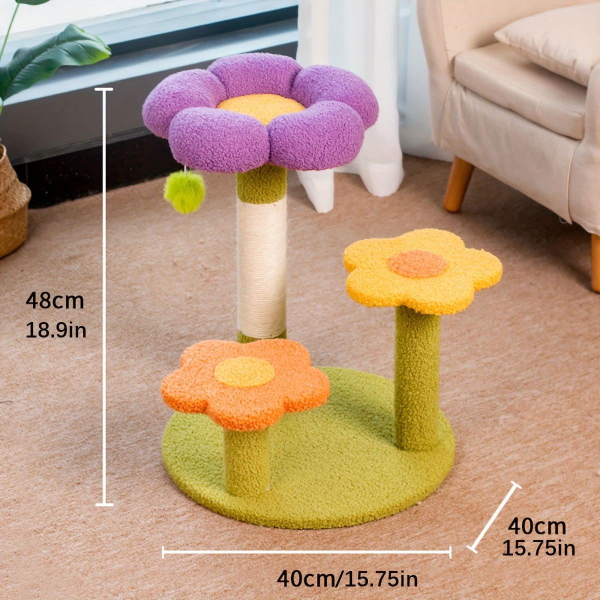 Colorful cat tree with flower design on a carpeted floor.