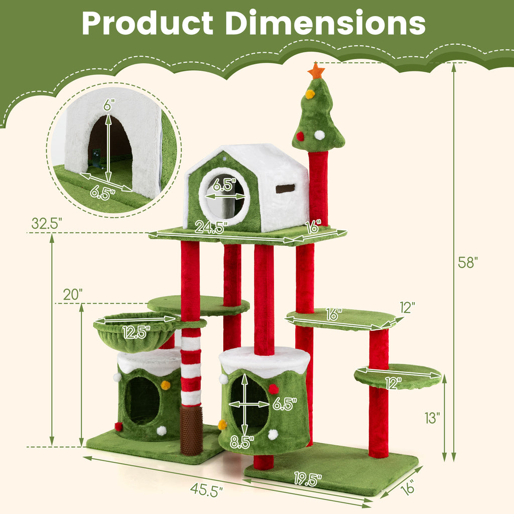 Cat tree with dimensions labeled on a green background