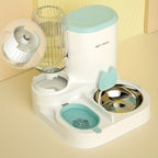 Pet feeding and water station with bowls and dispenser on a beige background