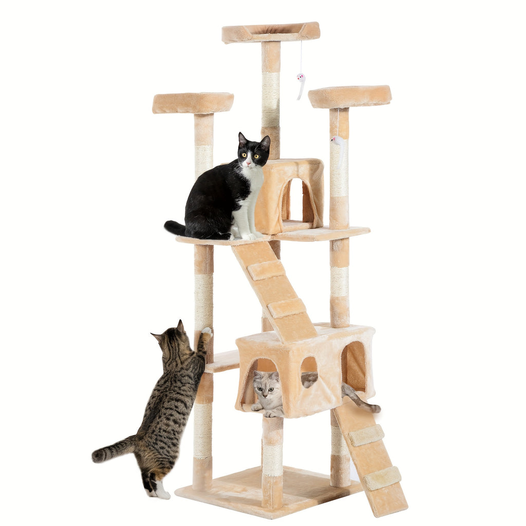Cat tree with multiple cats on a white background