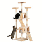 Cat tree with multiple cats on a white background