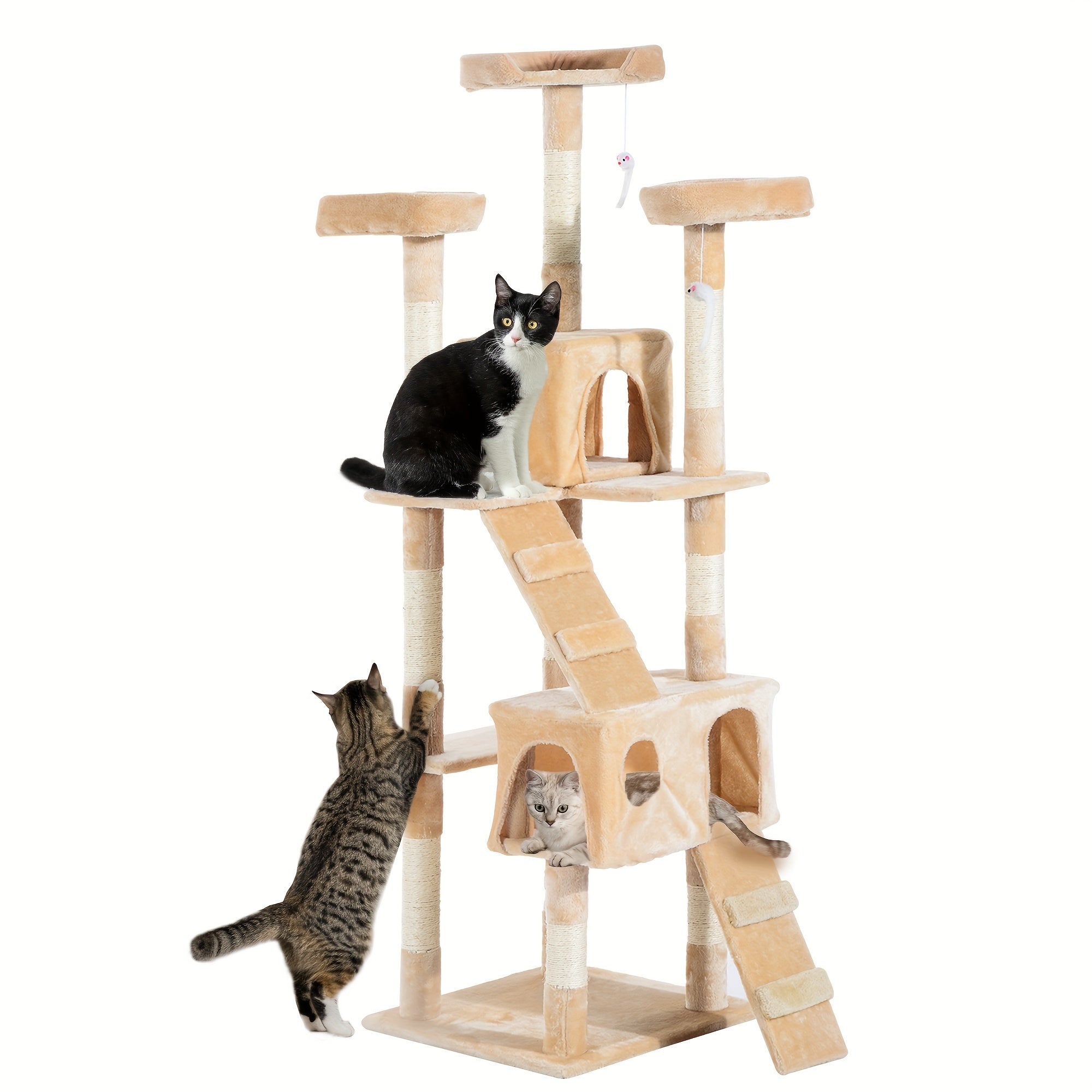 Cat tree with multiple cats on a white background