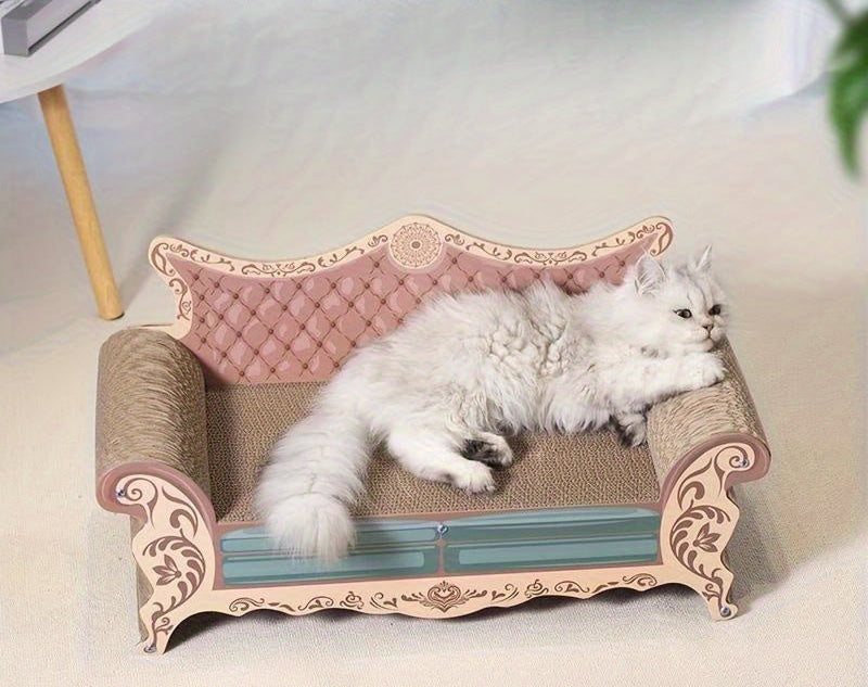 Cat lounging on a decorative cat bed with a blurred background