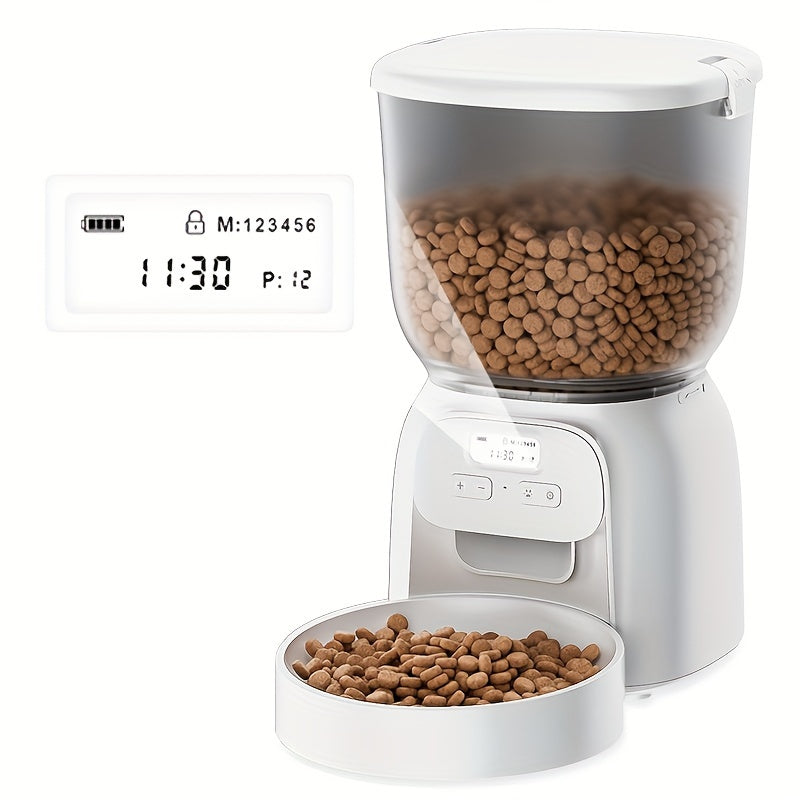 White pet food dispenser with digital display and bowl of kibble on a white background