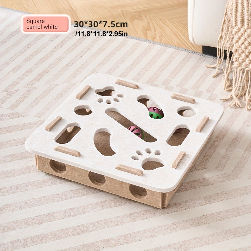 Wooden pet toy with multiple holes on a striped carpet