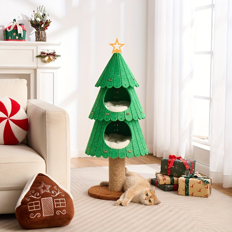 Green cat tree shaped like a Christmas tree in a living room with presents and a cat.
