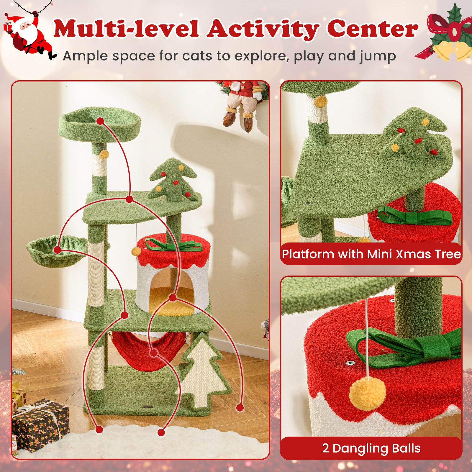 Multi-level cat activity center with Christmas decorations