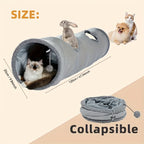 Collapsible pet tunnel with measurements and animals on a beige background