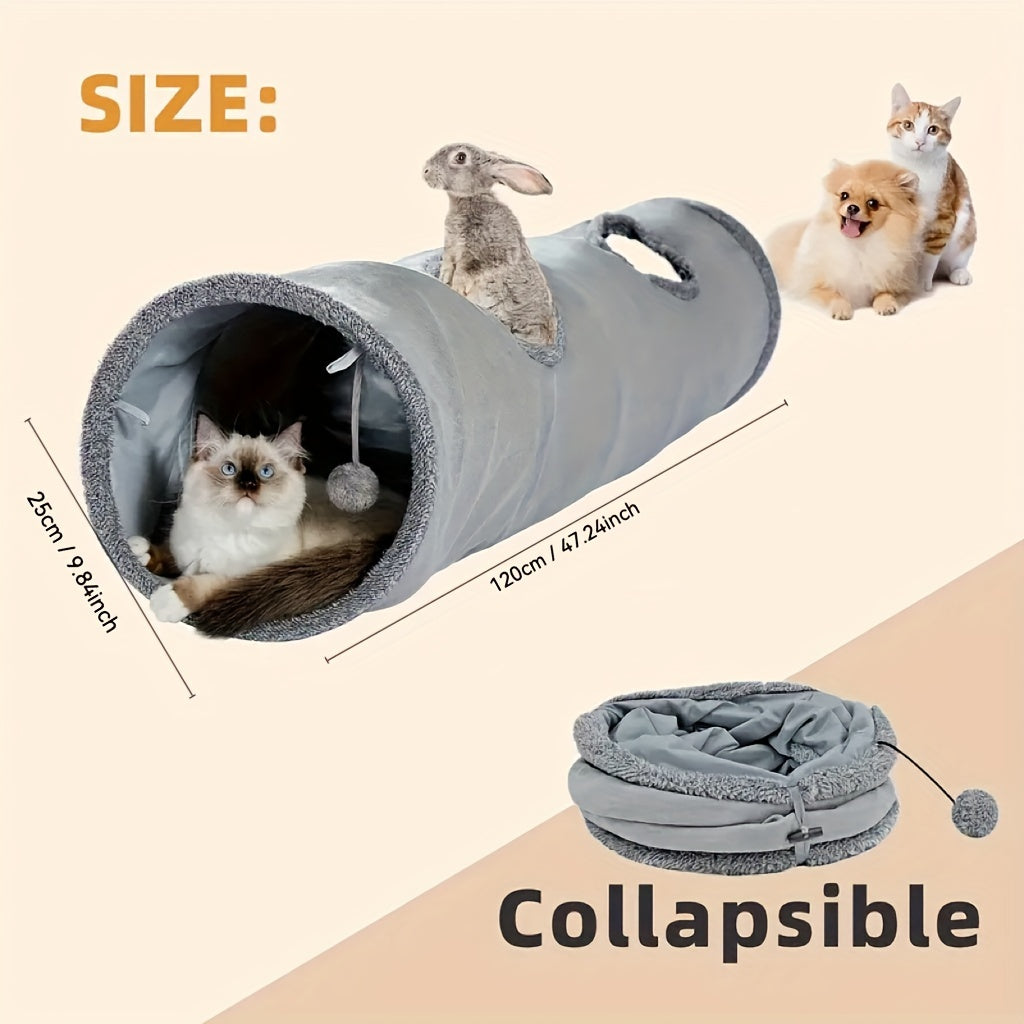Collapsible pet tunnel with measurements and animals on a beige background