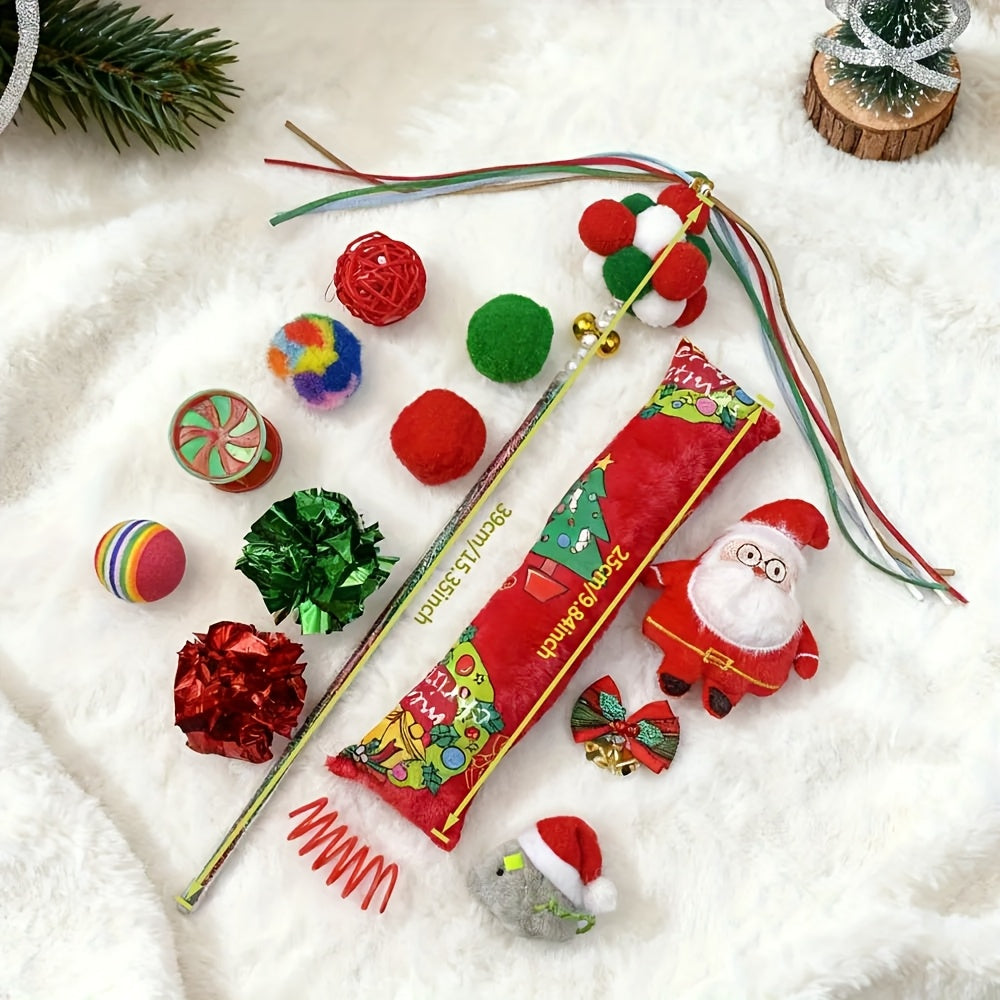 Collection of Christmas-themed cat toys on a snowy background