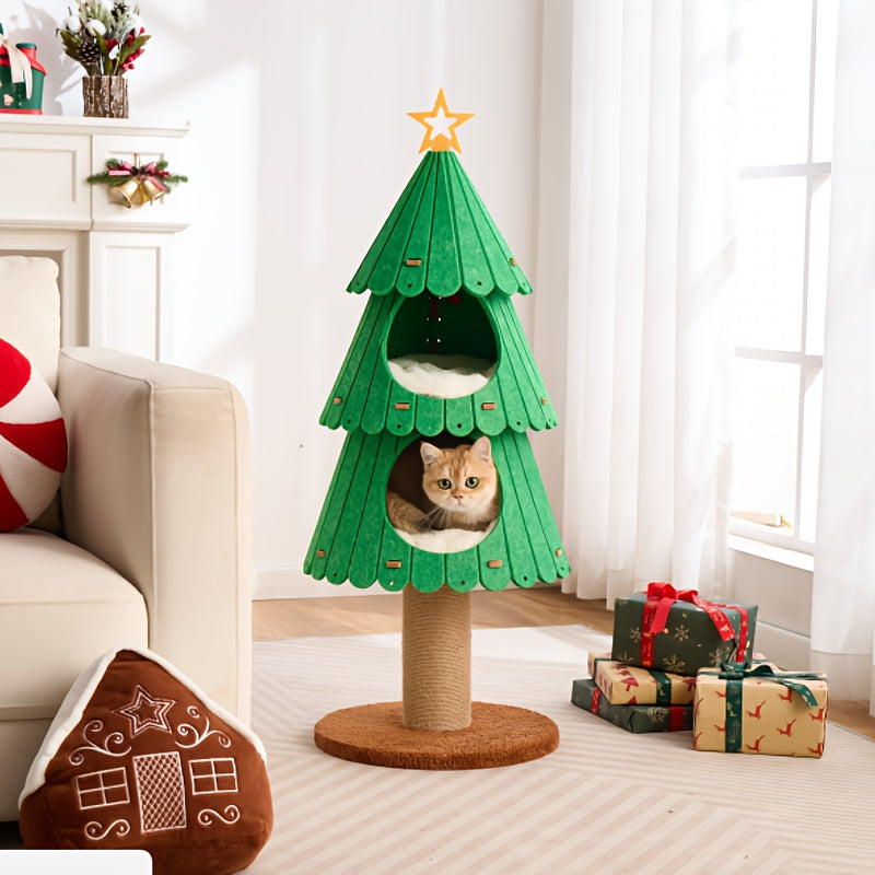 Green cat tree shaped like a Christmas tree with a cat inside, placed in a living room.