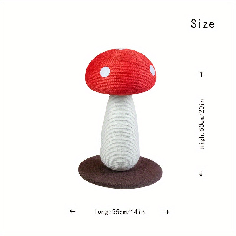 Mushroom-shaped cat toy with measurements on a white background