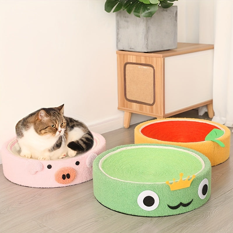 Cat sitting on a pink pet bed with other colorful pet beds in the foreground.