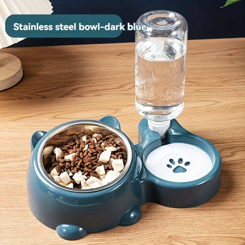 Pet feeding and water station with a blue bowl and bottle on a wooden surface.