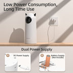 White cylindrical device with cat ears on a wooden shelf, plugged into a wall socket, with text about power consumption and dual power supply.