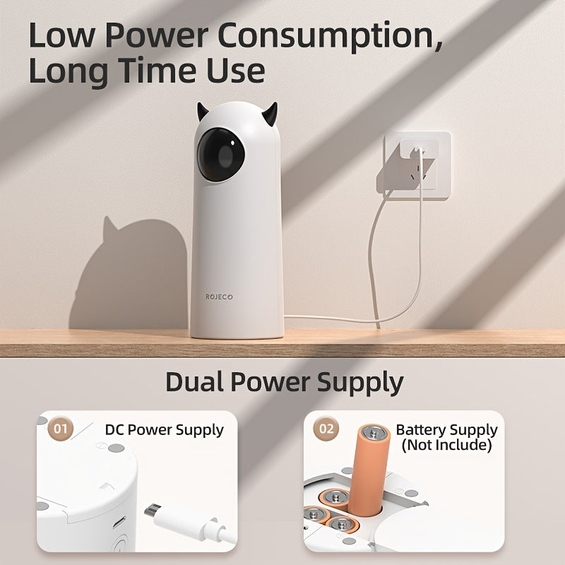 White cylindrical device with cat ears on a wooden shelf, plugged into a wall socket, with text about power consumption and dual power supply.