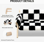 Checkered pet bed with wooden frame and removable cover, featuring product details on a white background.