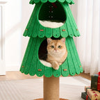 Cat tree with a cat inside, surrounded by Christmas decorations.