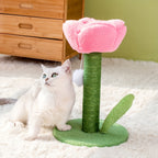 White cat sitting next to a pink flower-shaped cat toy on a fluffy white rug.
