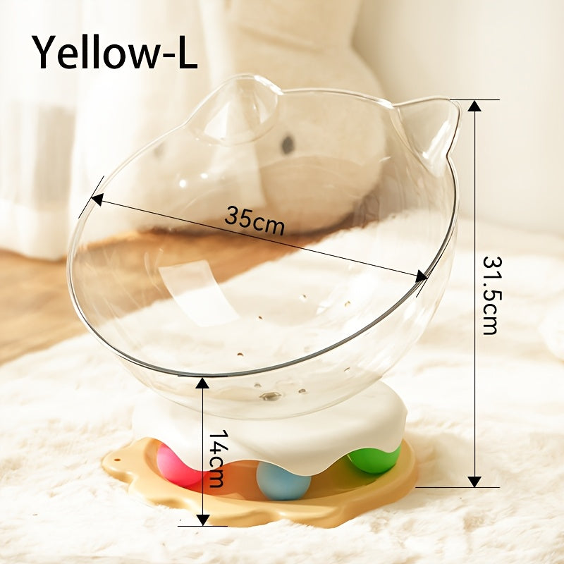 Glass cat-shaped water bottle with measurements on a soft surface
