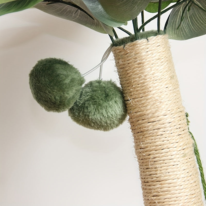 Close-up of a cat tree with green spherical cushions and wicker base.