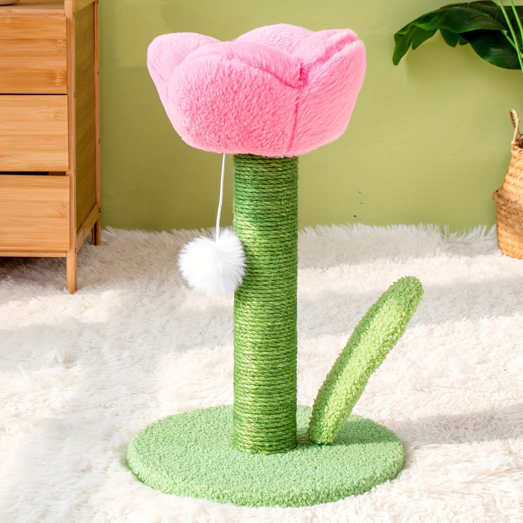 Cat toy shaped like a pink flower with a green stem on a light carpet.
