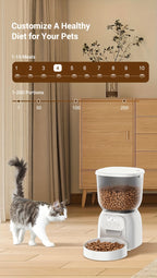 Cat approaching a pet food dispenser with a customizable diet interface in the background.