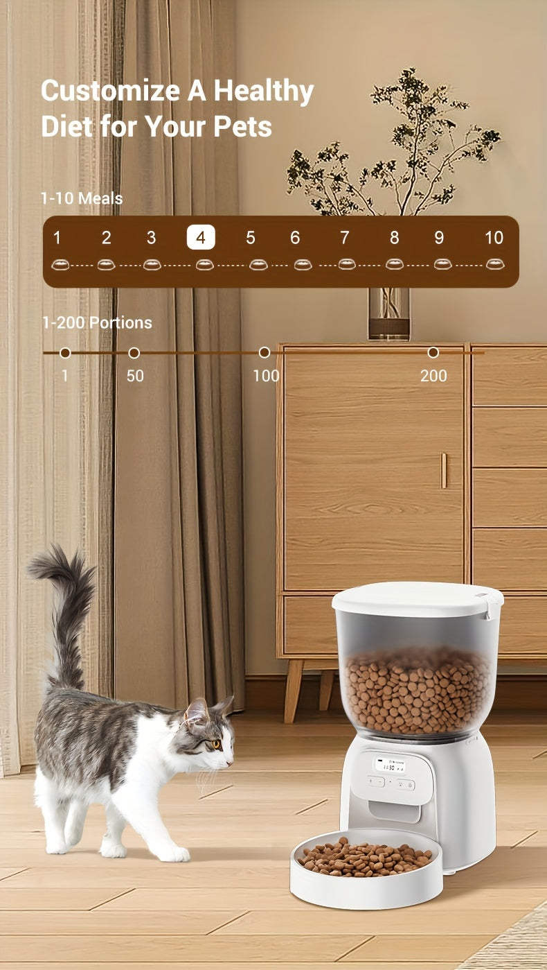 Cat approaching a pet food dispenser with a customizable diet interface in the background.