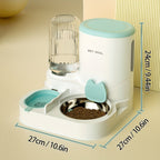 Pet feeding and water station with dimensions on a beige background