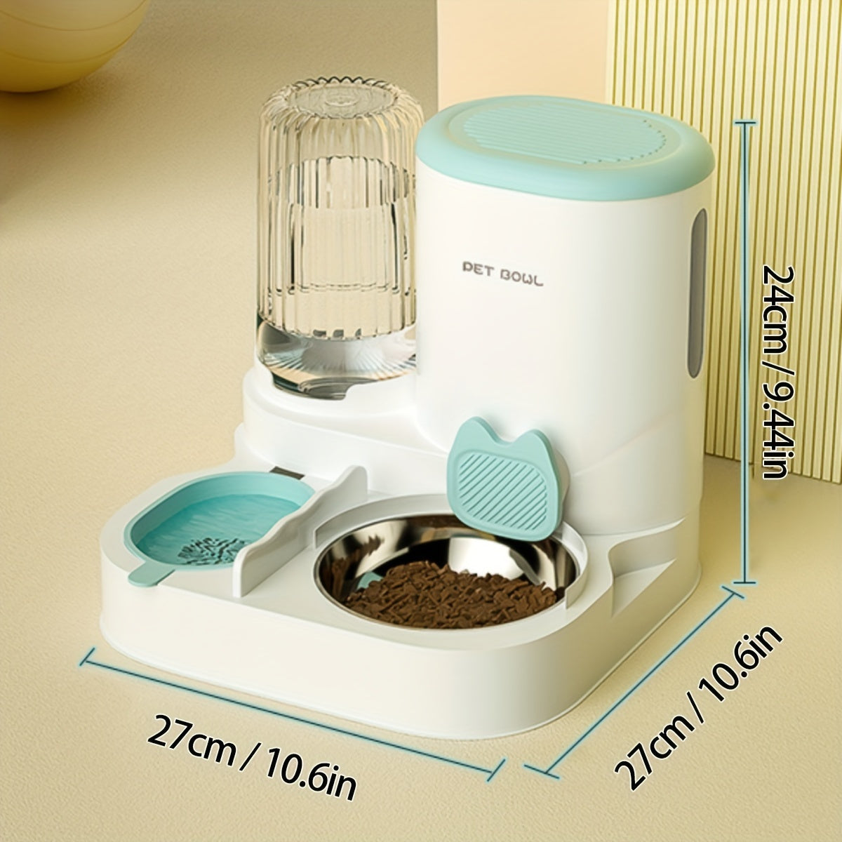 Pet feeding and water station with dimensions on a beige background
