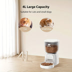 Pet feeder with 4L capacity suitable for cats and small dogs, featuring a cat and dog illustration.