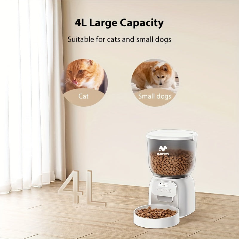 Pet feeder with 4L capacity suitable for cats and small dogs, featuring a cat and dog illustration.