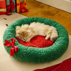 Cat sleeping on a green and red pet bed with a red bow, surrounded by wrapped gifts.