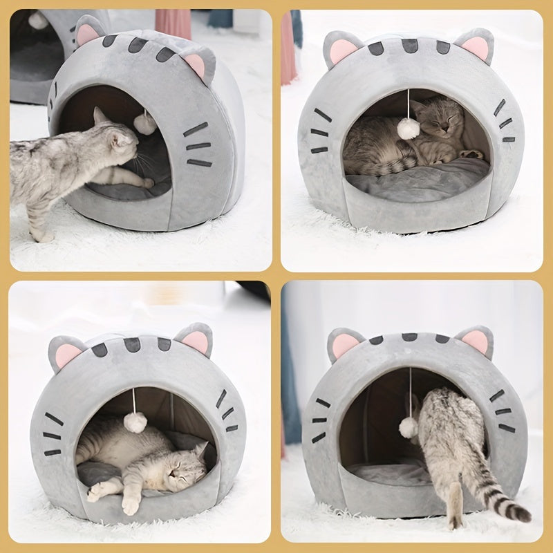 Collage of a cat playing with a gray pet bed shaped like a cat's face.