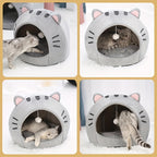 Collage of a cat playing with a gray pet bed shaped like a cat's face.