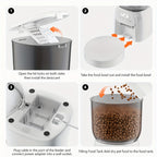 Step-by-step guide on how to use a pet feeder with images and text instructions.