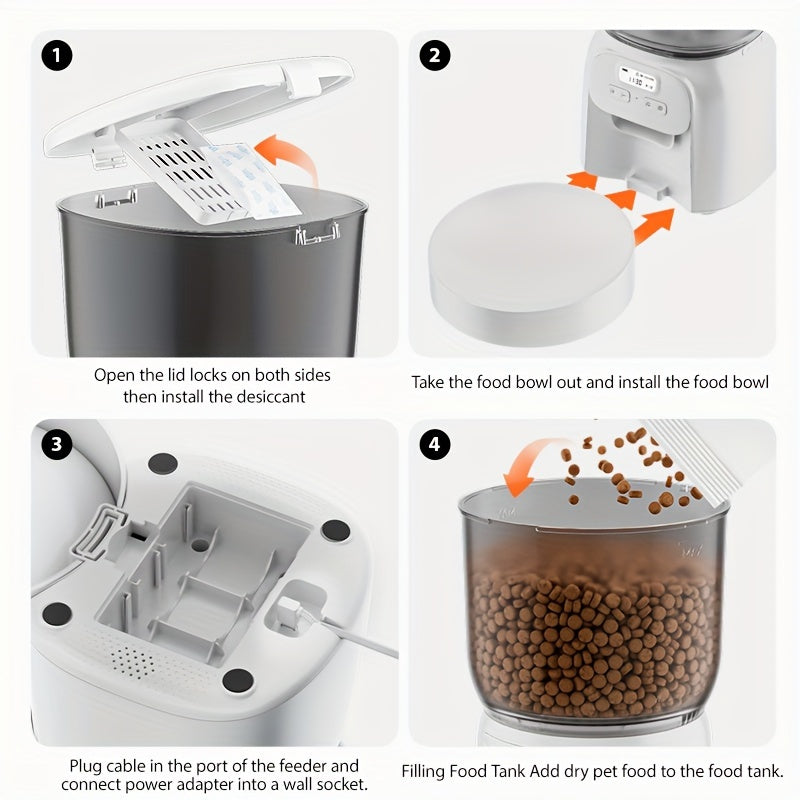 Step-by-step guide on how to use a pet feeder with images and text instructions.