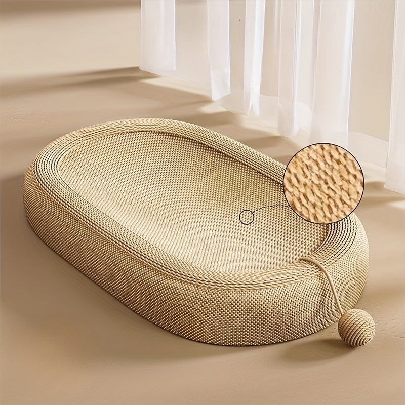 Round woven mat with a textured ball on a beige floor.