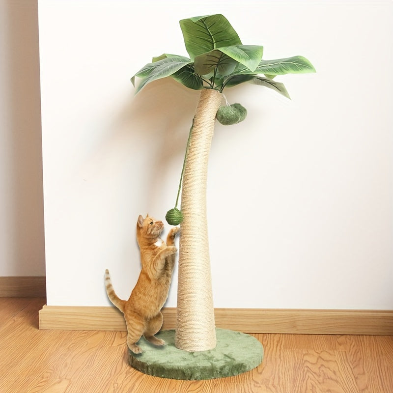 Cat climbing a palm tree-shaped cat toy against a white wall.