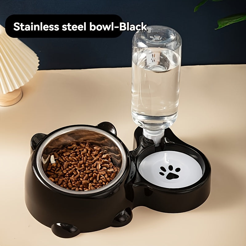 Pet feeding station with black stainless steel bowl and water bottle on a beige surface.