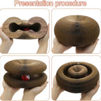 Collage of a cardboard cat toy being folded and unfolded by hands.