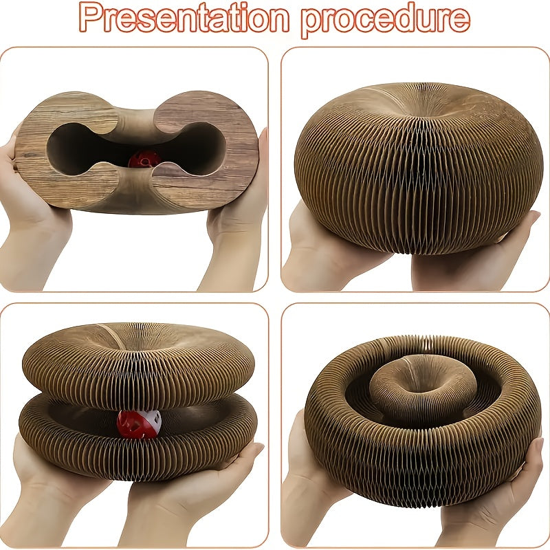 Collage of a cardboard cat toy being folded and unfolded by hands.