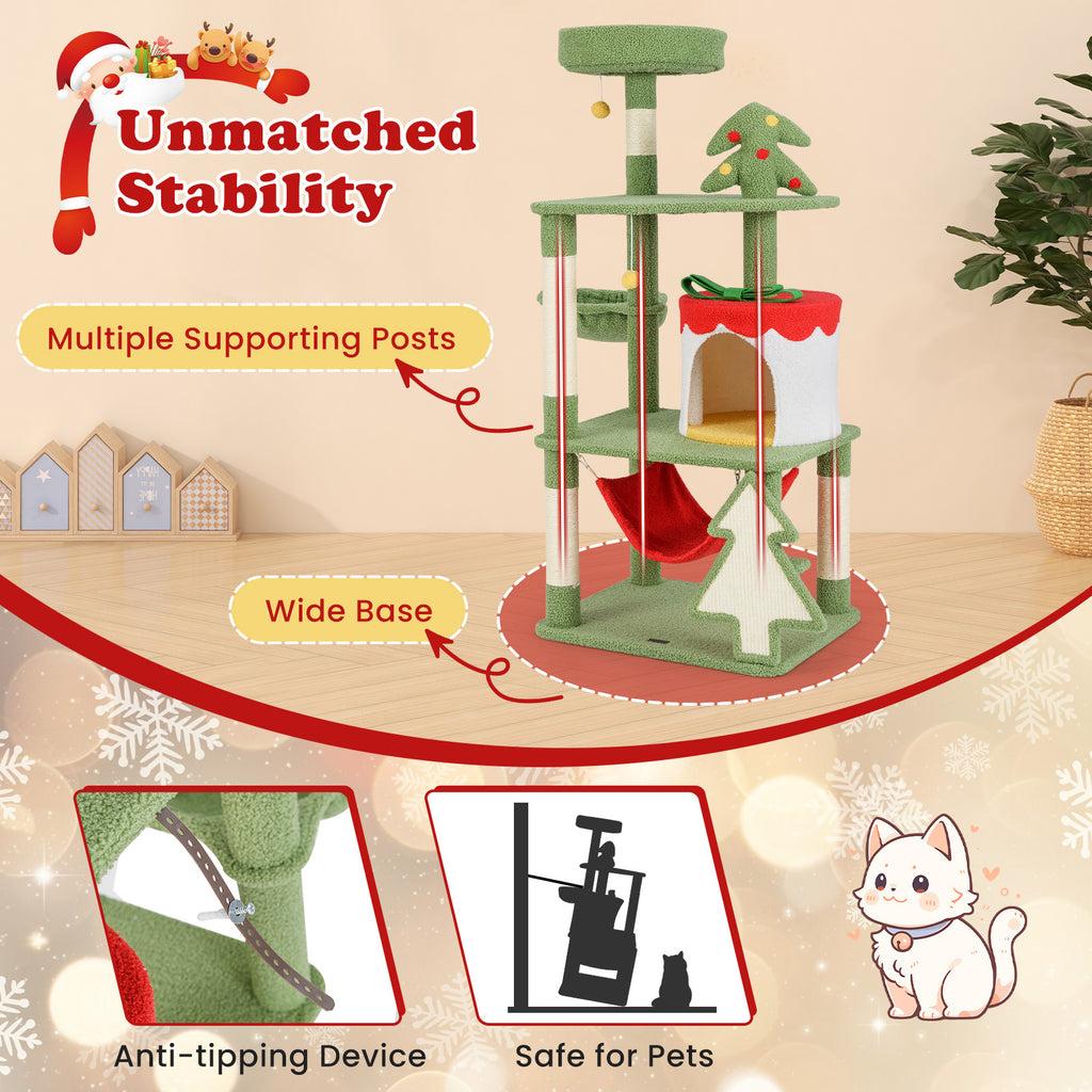 Cat play tree with stability features highlighted on a festive background